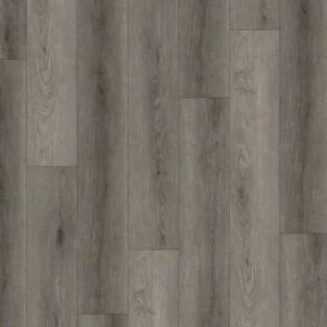 Dark gray SPC luxury vinyl flooring planks with a weathered wood grain texture.