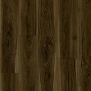 Deep brown wood-grain SPC flooring with prominent knots.