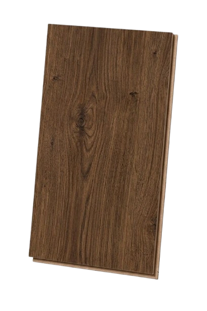 Single plank sample of dark oak wood-look SPC flooring.