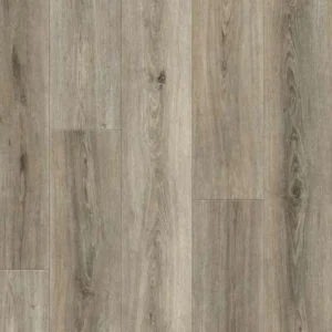 Taupe wood-grain SPC flooring with natural knots.