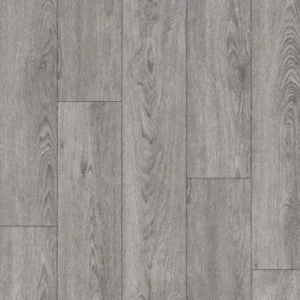 Weathered gray wood-grain SPC flooring planks.