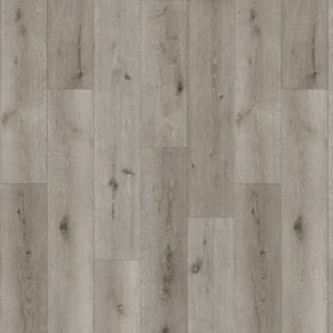 Muted gray wood-grain vinyl plank flooring arranged in a classic straight-lay plank
