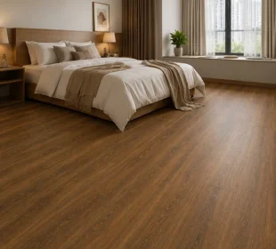 Dark wood-look SPC flooring installed in a modern bedroom interior.