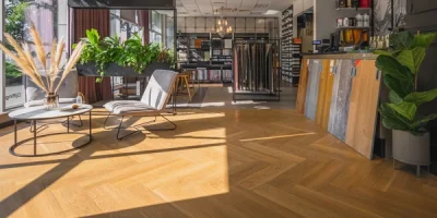 Light golden-brown wood flooring in a chevron pattern in a retail store.