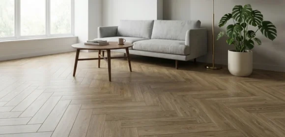 Medium brown wood flooring in a herringbone pattern in a modern minimalist living room.