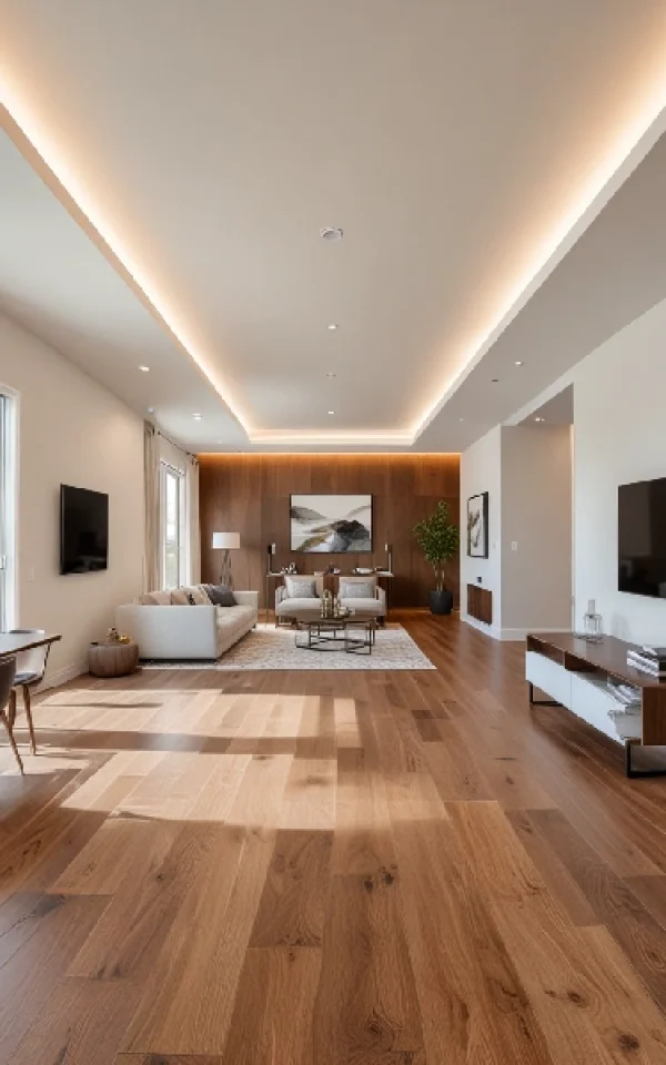 Natural grain wooden flooring with plank design.